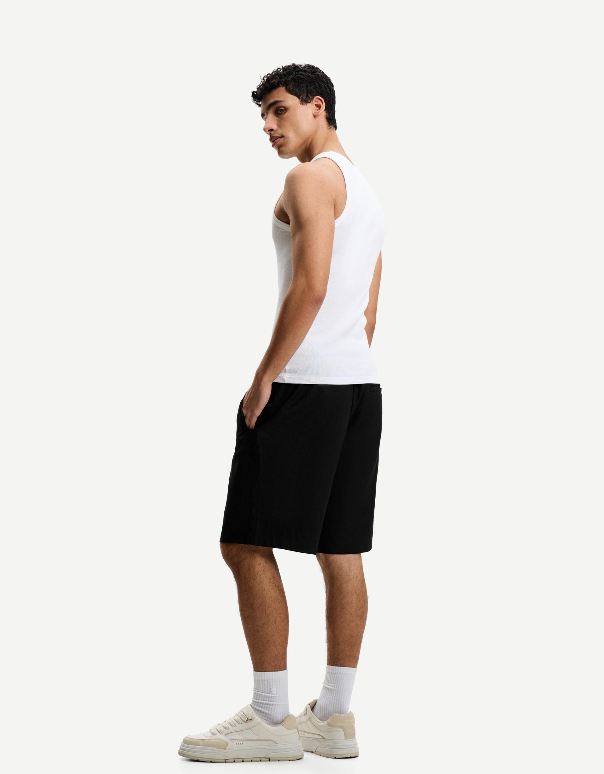 Erkek keten karışımlı loose fit jogger bermuda