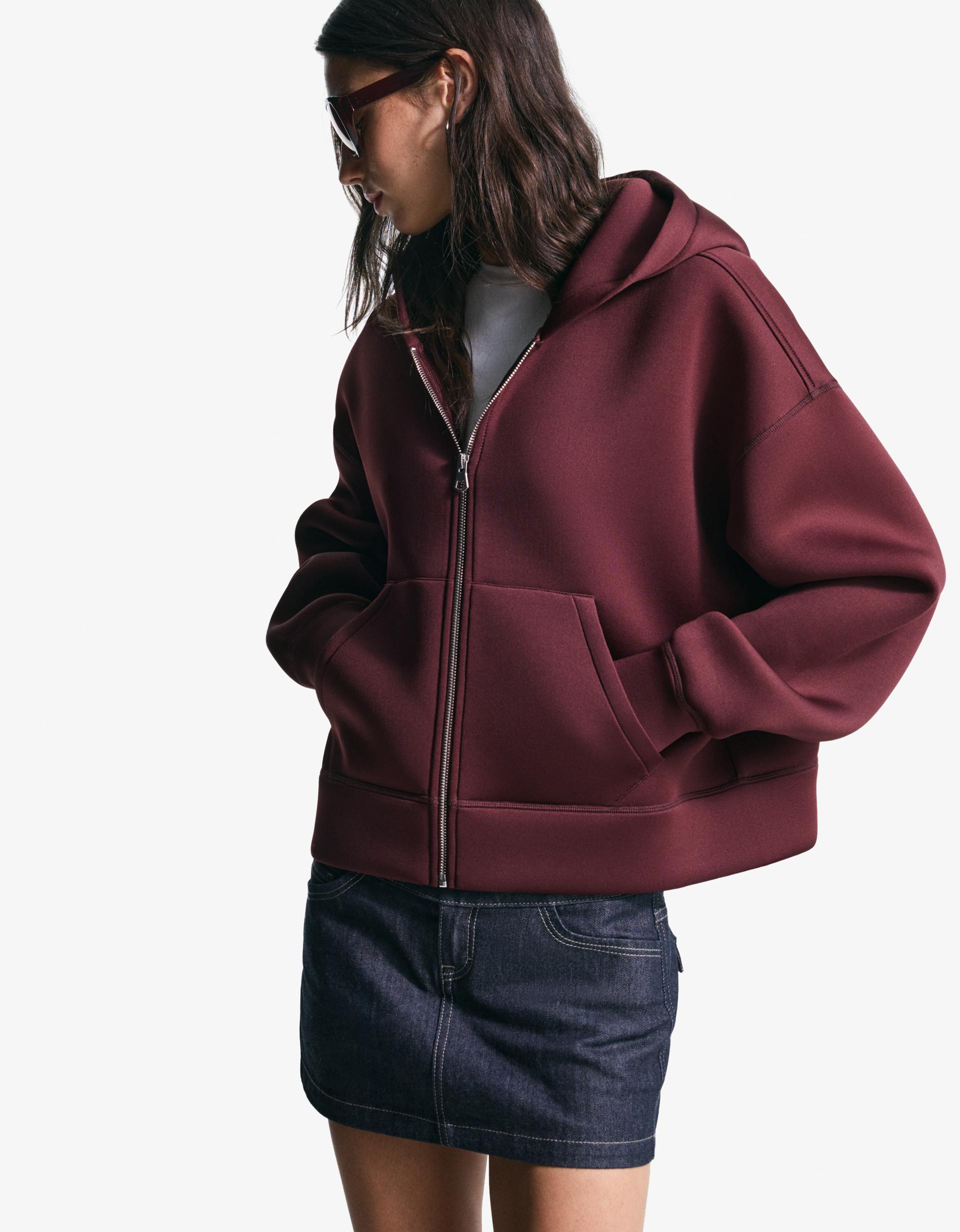 Sentetik kauçuk kumaş görünümlü oversize fermuarlı sweatshirt